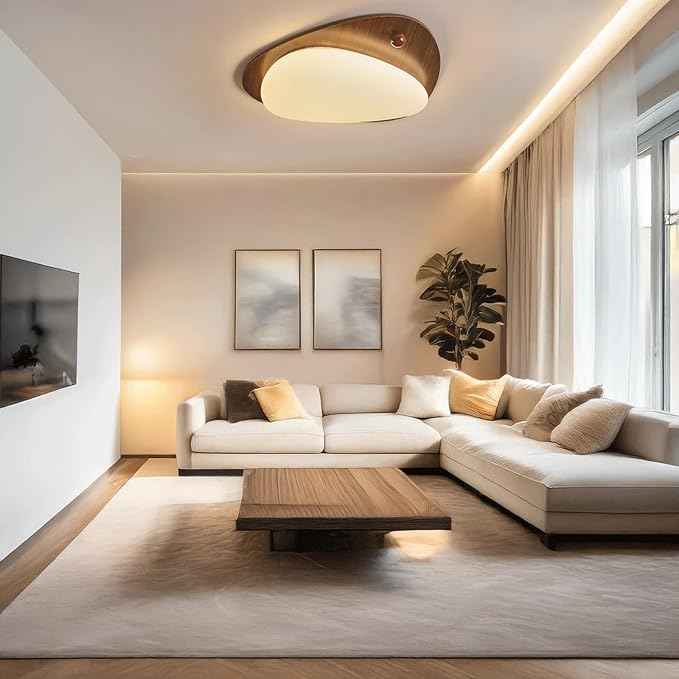 Modern Nordic Ceiling Light, 3-Color Dimming Walnut & Cream Wood Grain Pebble LED Ceiling Lamp, Minimalist Wabi-sabi Flush Mount Light Fixture, for Bedroom Living Room