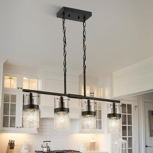 LMS 4-Light Island Lights, Farmhouse Light Fixtures with Hammered Glass Shade, Matte Black Linear Chandelier Pendant Lighting Over Table for Adjustable Height, Kitchen Island, LMS-171BK-4 - Aura Lighting