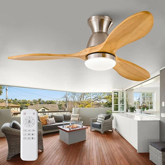 42 Inch Flush Mount Ceiling Fans with Lights and Remote, Dimmable 3 Blade Wood Bedroom Ceiling Fan with Lights Low Profile Ceiling Fan with Light Brushed Nickel Outdoor Ceiling Fans for Patios