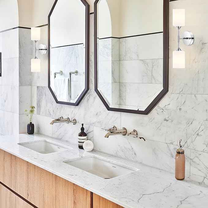 2-Lights Modern Wall Sconce White Cylinder Glass Shades Mid Century Bathroom Vanity Wall Light Fixtures Industrial Wall Lamp for Bedroom Mirror Living Room Restaurant(Chrome Color)
