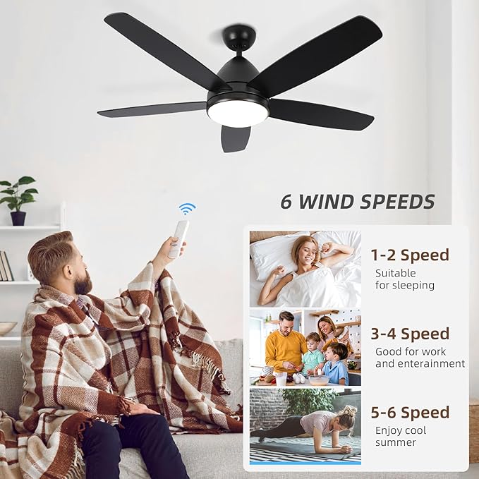 Smart Ceiling Fan with Light, 52 Inch Modern Black Outdoor Ceiling Fan and Remote/App, Dimmable Tri-Color LED and Reversible Motor for Indoor Bedroom/Outdoor Covered Patio - Aura Lighting