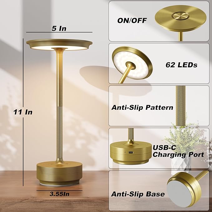1 Pack Cordless Table Lamps Rechargeable, Portable 5000mAh Battery Operated Lamp, 3 Color Stepless Dimming LED Table Light with Memory Function, for Outdoor/Dinner/Patio/Restaurant.(Gold)