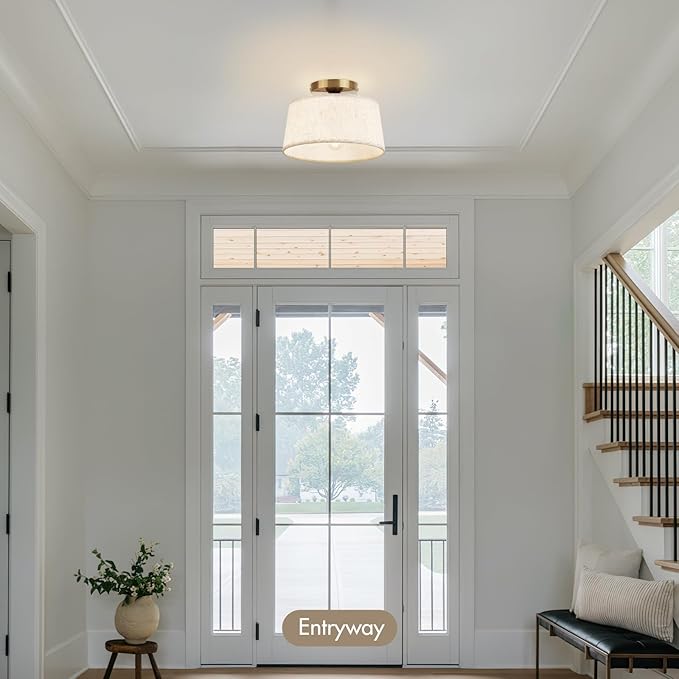 2P Modern Ceiling Light Fixture, 10 Inch Semi Flush Mount Lamp with Linen Shade, E26 Base, Gold for Kitchen Bedroom Hallway Closet Entryway Room Small Spaces, 2 Pack - Aura Lighting