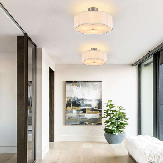 18" Modern Semi Flush Mount Ceiling Light Modern 3-Lights Linen Drum Ceiling Lighting with Chrome Finish, Vintage Ceiling Light for Living Room, Kitchen, Basement, Laundry Room, Bedroom - Aura Lighting
