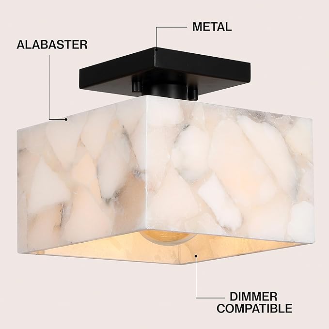JONATHAN Y 5" White Marbling/Black Modern 1-Light Semi Flush Mount Ceiling Light for Bedroom, Cube White Alabaster Marble Shade, Mid-Century Minimalist Fixture, LED Bulb Included (JYL1203B)