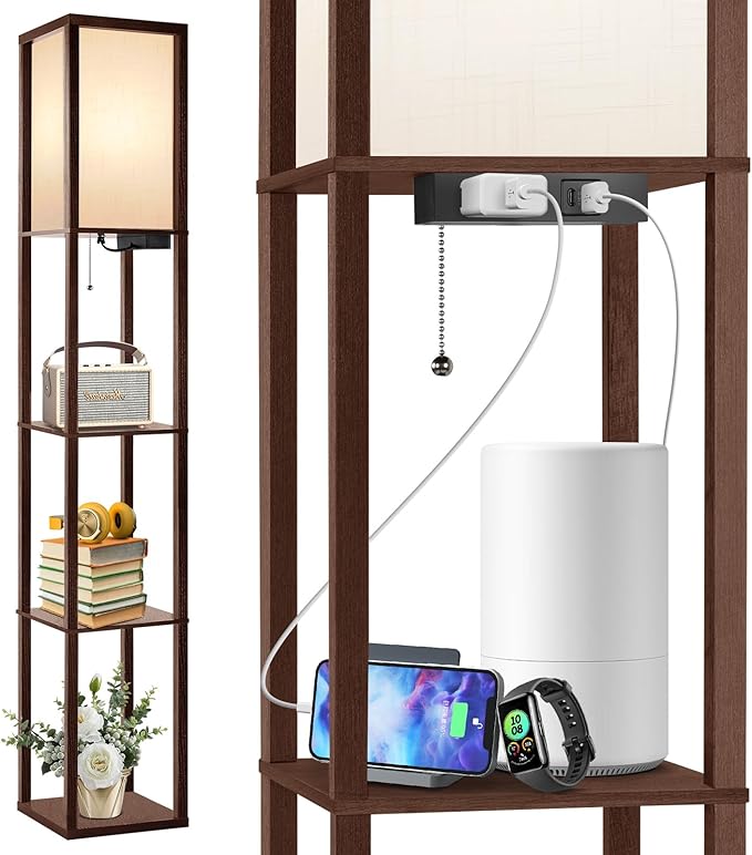 OUTON Floor Lamp with Shelves, LED Shelf Floor Lamp with USB & Type C Ports, 1 AC Outlet, 3 Color Temperature, Storage Display Wood Column Tall Standing Lamp for Living Room, Bedroom Office, Walnut