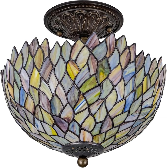 Wisteria Style Tiffany Ceiling Light Fixture Stained Glass Semi Flush Mount Lamp Wide 12 Inch Height 11 Inch Vintage Inspired Lighting Statement for Bedroom Hallway Entryway (Green)