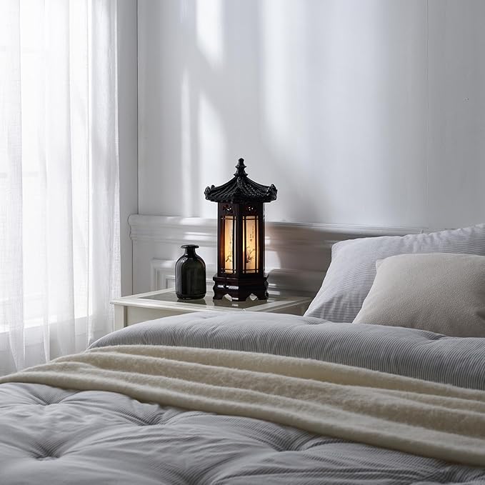 Antique Alive Traditional Korean Wood Lamp | Handmade Asian Oriental Table Lantern | Bedside Bedroom Accent Light | Unique Gift Idea | Hexagonal Design (Brown) (Pavilion L)