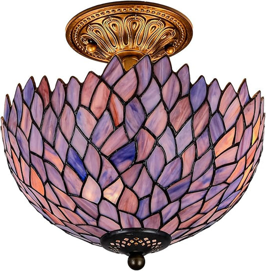 Wisteria Style Tiffany Ceiling Light Fixture Stained Glass Semi Flush Mount Lamp Wide 12 Inch Height 11 Inch Vintage Inspired Lighting Statement for Bedroom Hallway Entryway (Deep Blue)