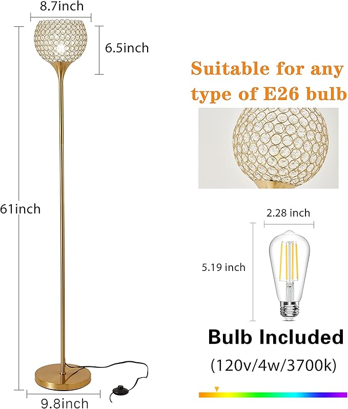 DFL Spherical Gold Crystal Floor Lamp, 8.7 inch Modern Standing Lamp with Elegant Shade , Tall Pole Accent Lighting for Living Room,Girl Bedroom, Dresser, Office, Foot Switch, LED Bulb Included - Aura Lighting