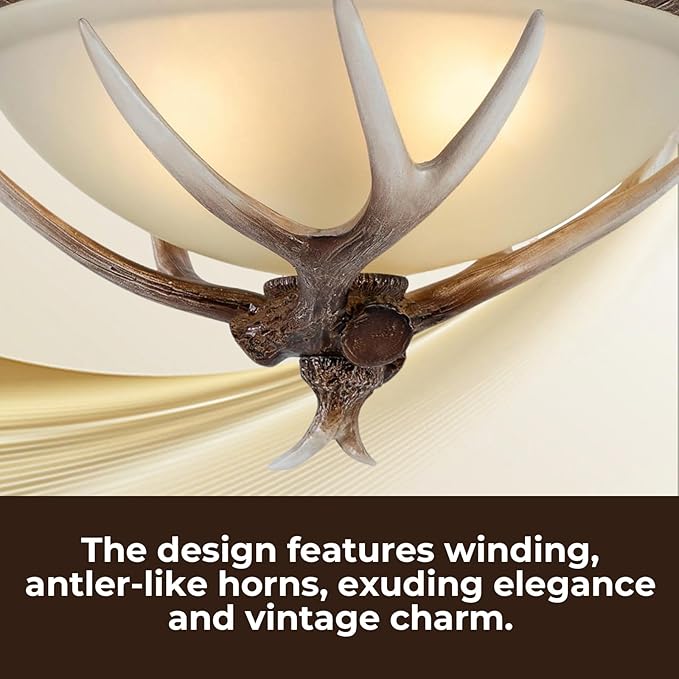 Vintage Antler Resin Ceiling Light, 110V Rustic Chandelier Fixture, 40-60W Retro Deer Horn Pendant Lamp, Decorative Flush Mount Lighting with 3 E26 Bulb Sockets for Living Room Bedroom Dining Room