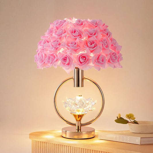 Modern Pink Rose Table Lamp with Crystal 17IN Romantic Flower Bedside Lamp Princess Nightstand Lamp Creative Desk Light for Girl Bedroom Living Room Entry Hotel Wedding Christmas Gift - Aura Lighting