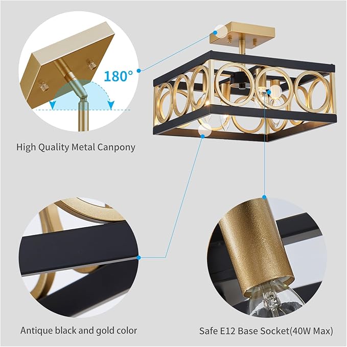 XINGQ Black and Gold Ceiling Light Fixture Modern 4-Light 13'' Semi Flush Mount Ceiling Lights for Living Dining Room Bedroom with Square Metal Shade, E12 Bulb Base - Aura Lighting