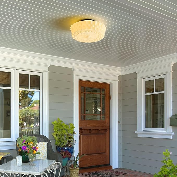 Schoolhouse Vintage Glass Ceiling Light - 14 Inch Cream Yellow Mid Century Modern Flush Mount Lighting Fixtures - Antique Art Deco Lamp for Bedroom Kitchen Entryway Laundry Hallway Foyer Bathroom Hall - Aura Lighting