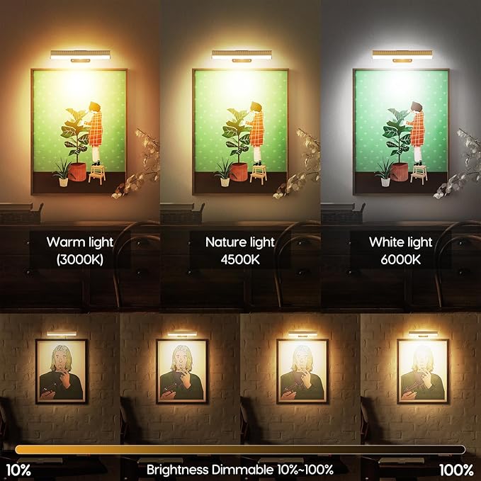 6pcs Battery Operated Picture Light with 3 Lighting Color,Painting Light for Wall with Remote,Led for Art Indoor Poster Brightness Dimmable, Timer-Off Display Accent Light for Frame Gallery-Black
