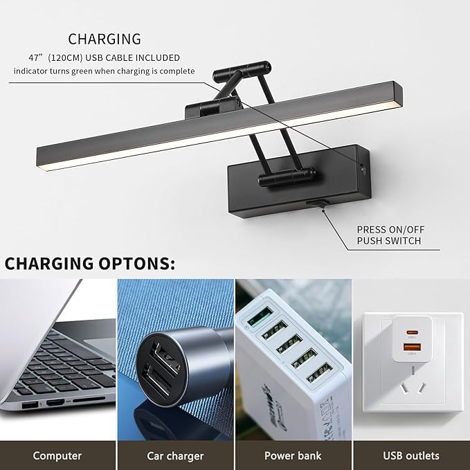Rechargeable Lights for Pictures on Wall Battery Operated Black 15.7 Inch Wall Lights with Swing Arm and Timer Function Cordless Art Light with Remote Timer for Paintings,Gallery