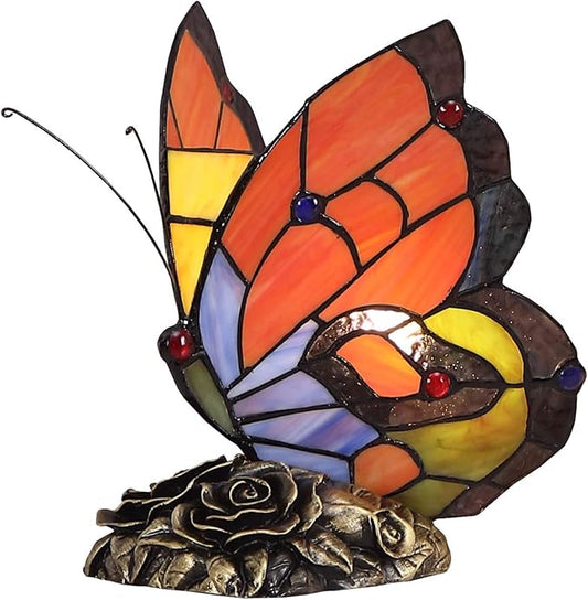 Bieye L10038 Butterfly Tiffany Style Stained Glass Accent Table Lamp Night Light, 9 inches Tall