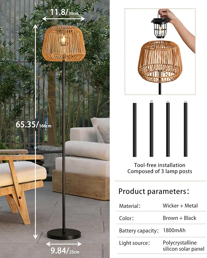 Outdoor Solar Floor Lamp, 65.4" Wireless Rattan Floor Lamp with Woven Lampshade & Black Metal Pole Base, Battery Operated Vintage Outdoor Waterproof Standing Lamps for Patio Garden Balcony Deck