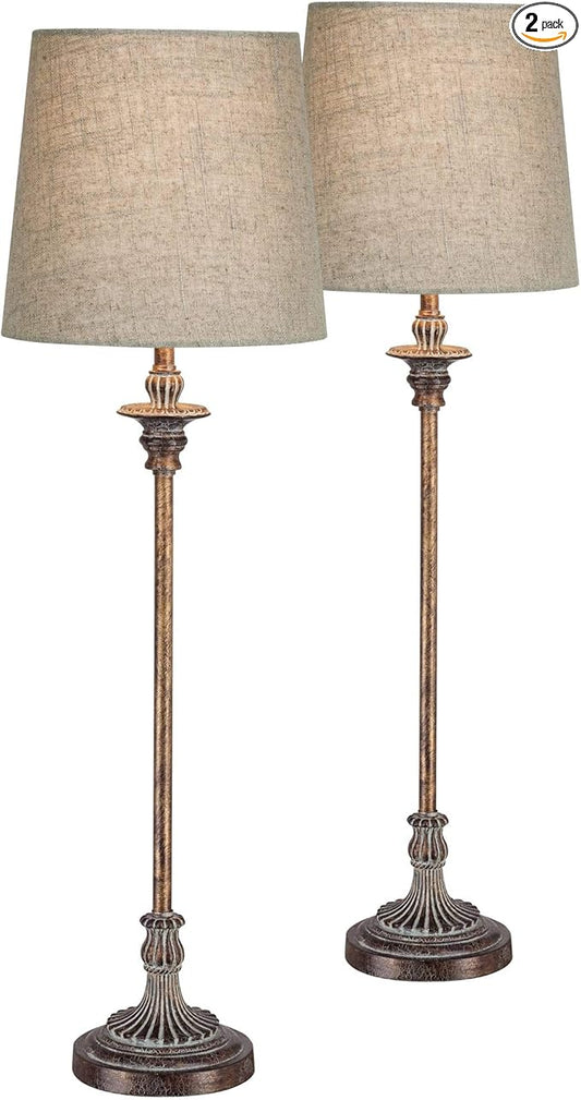 Regency Hill Bentley Traditional French Country Style Buffet Table Lamps 31.5" Tall Skinny Set of 2 Weathered Brown Ridged Linen Fabric Tapered Drum Shade Decor for Living Room House Home Dining