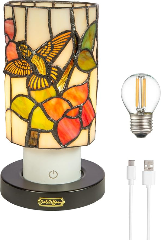Dale Tiffany TAR24120 Calliope Hummingbird Uplight Tiffany Accent Lamp with Built-in Rechargeable Battery and 3-Level Brightness, Multicolor, 8.5-Inch Tall