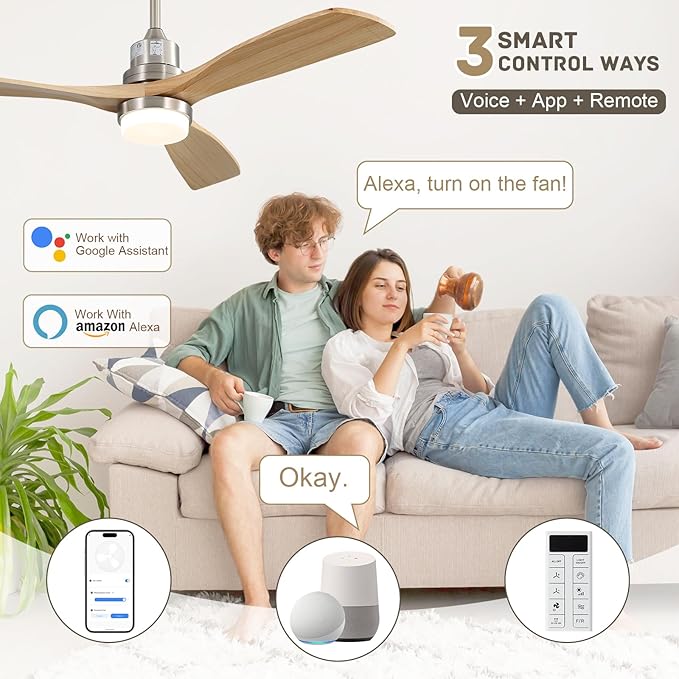 Sofucor 52 Inch Smart Ceiling Fan, Indoor/Outdoor Ceiling Fans with Lights and Remote, Work with Alexa/Google/APP, 6-Speed, Quiet DC Motor, Solid Wood 3 Blade Ceiling Fan for Bedroom Living Room Patio
