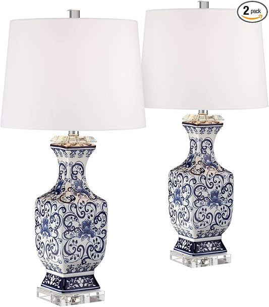 Barnes and Ivy Iris Asian Chinese Jar Style Table Lamps 28" Tall Set of 2 Blue Porcelain Crystal Geneva White Fabric Drum Shade Decor for Living Room Bedroom House Bedside Nightstand Home
