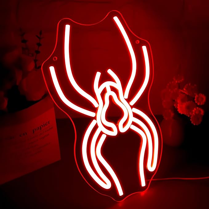 Spider Neon Sign for Wall Decor Dimmable Anime Halloween Neon Light for Man Cave LED Light Up Spider Sign for Game Room Pet Shop Bar Bedroom Halloween Birthday Gifts Art Size 13.7 * 8.7In (WZCP181)
