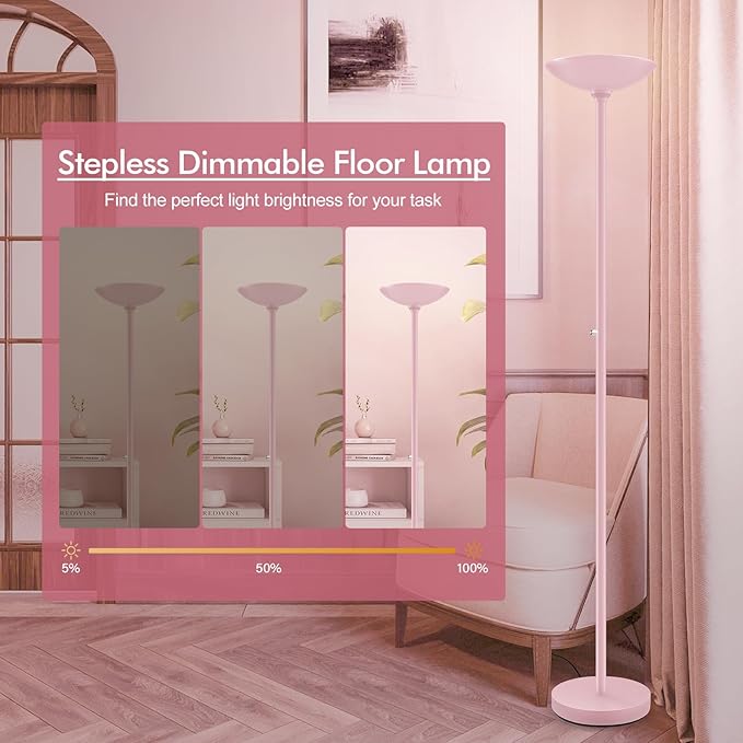 30W Pink Torchiere Floor Lamp, 3600LM Super Bright LED Pole Lamp, 71Inch Tall Stepless Dimmable Torch Lamp, 1Inch Thick Metal Tube, Rotary Switch, Modern Standing Lamp for Living Room/Bedroom/Office - Aura Lighting