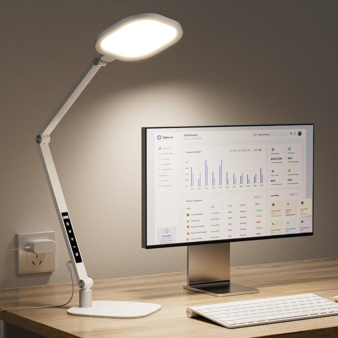 LED Desk Lamp for Home Office, 15W Desk Light with CRI >95, Memory & Timer Function, 1200LM Dimmable Computer Light for Video Calls, Conference, Reading, Study (White) - Aura Lighting
