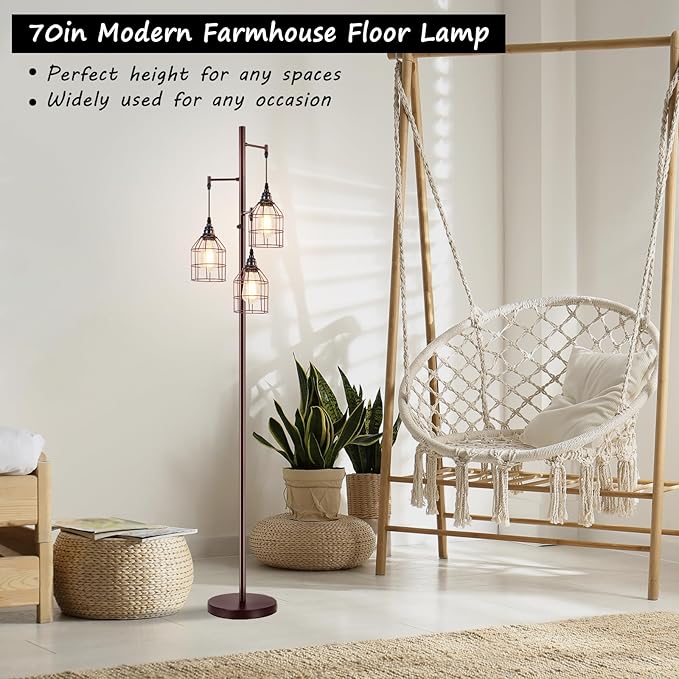 Sucolite 70" Dimmable Floor Lamp for Living Room, Industrial 3-Light Tree Floor Lamp Brown with Cages, Farmhouse Rustic Tall Standing Lamp Floor Lighting for Bedroom Office, 3 Free LED Edison Bulbs
