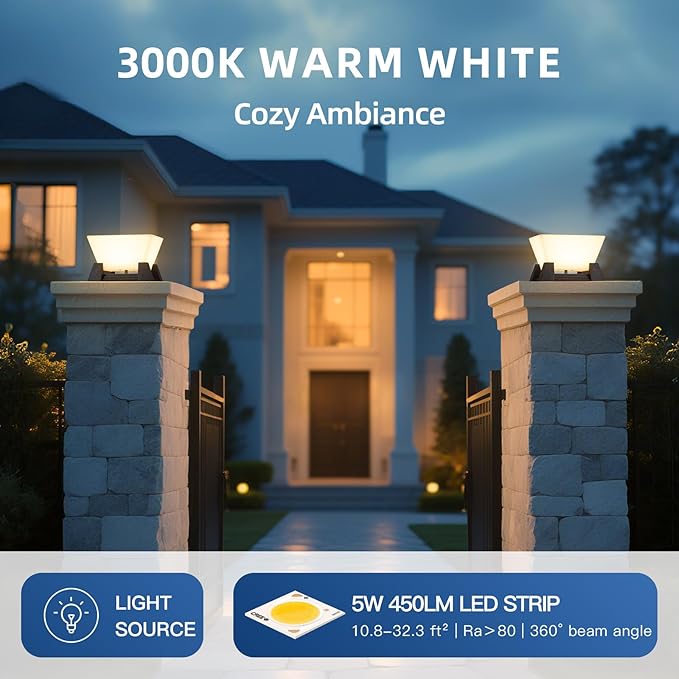 Solar Post Lights, 11" Pillar Light Outdoor, 3000K LED Solar Column Lights Outdoor IP54 Waterproof Square Column Lamp Modern Dusk to Dawn Pillar Lighting for Patio Garden Yard Deck Backyard