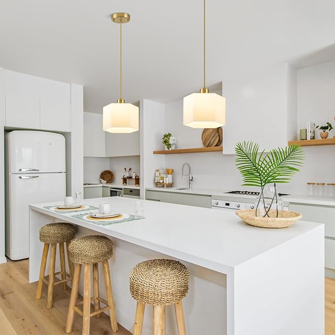 1 Pack Milk Glass Pendant Lights Kitchen Island, Modern Gold Hanging Light Fixture, Mid-Century Hexagonal Ceiling Lamp, Mini Farmhouse Chandelier for Dining Room Sink Bathroom Bedroom Hallway