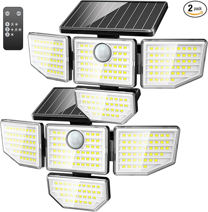 3000LM Solar Outdoor Lights - 2Packs 188 LED Security Lights with Remote Control, 4 Heads Motion Sensor Lights, IP65 Waterproof 270° Wide Angle Flood Wall Lights for Home Darkroom Backyard