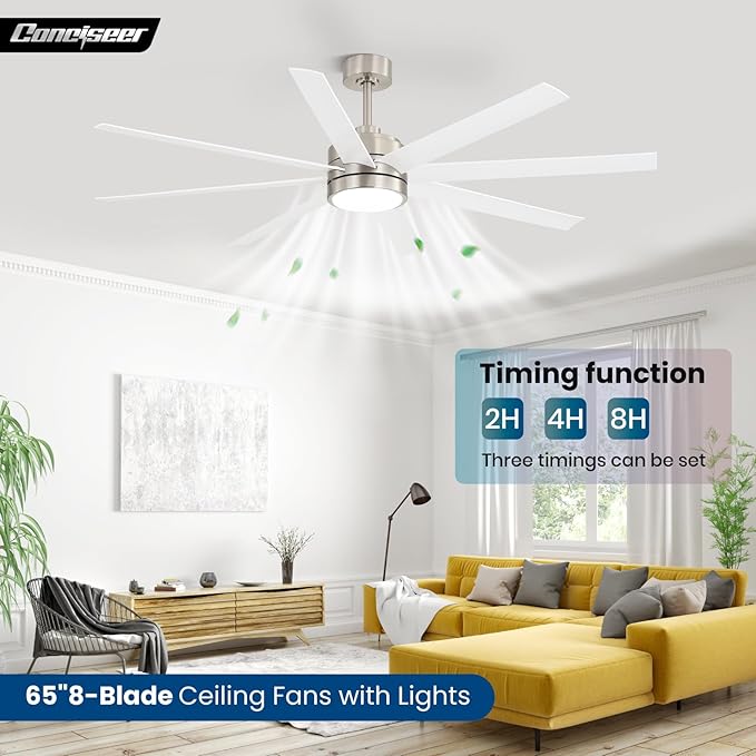 65 Inch Ceiling Fans with Lights and Remote for Bedroom Living Room Kitchen Office, Indoor/Outdoor Use, 3CCT Dimmable, 8 Blades 6 Speed Reversible Quiet DC Motor, Sand-nickel/White