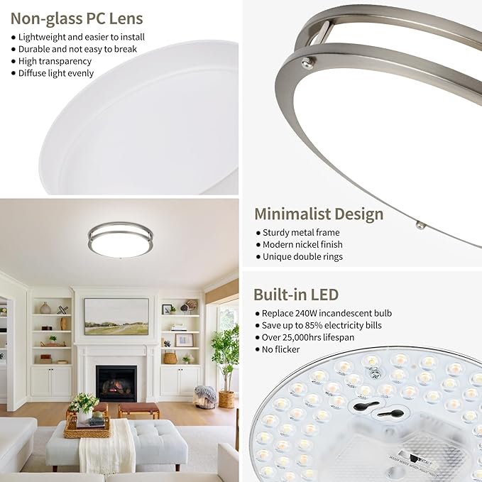 13Inch 36W Ceiling Light Fixture, 5CCT Flush Mount Ceiling Mount Light 2700K 3000K 4000K 5000K 6500K Adjustable, Dimmable Close to Ceiling Light, LED Ceiling Light for Bathroom Kitchen Bedroom, Nickel - Aura Lighting