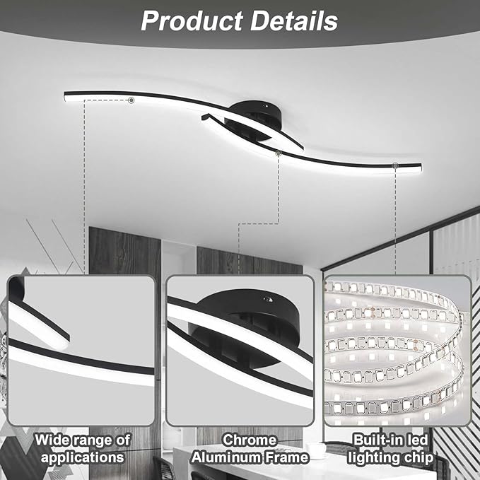 Modern LED Ceiling Light 22W Black Linear Ceiling Lights Fixture 6000K Aluminum 31.4Inch Long Flush Mount Ceiling Light Fixture Lamp for Bedroom Hallway Kitchen Bathroom - Aura Lighting