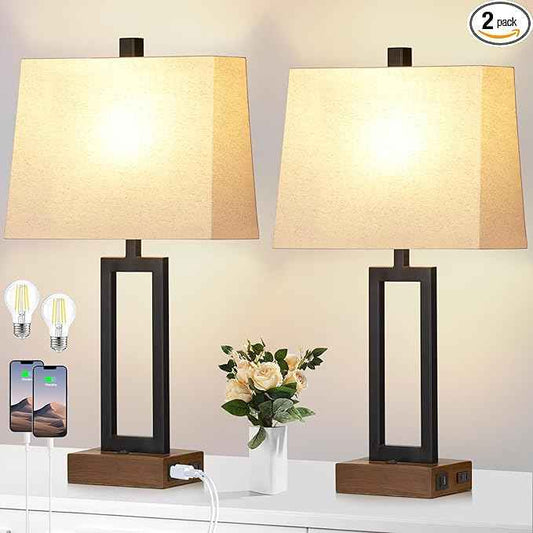 Table Lamp for Bedroom Set of 2 with 2 USB Ports and AC Power Outlet, 23.5" Modern Bedside Lamp, Wood Nightstand Lamp with Linen Shade for Living Room Hotel Desk(LED Bulb Included)