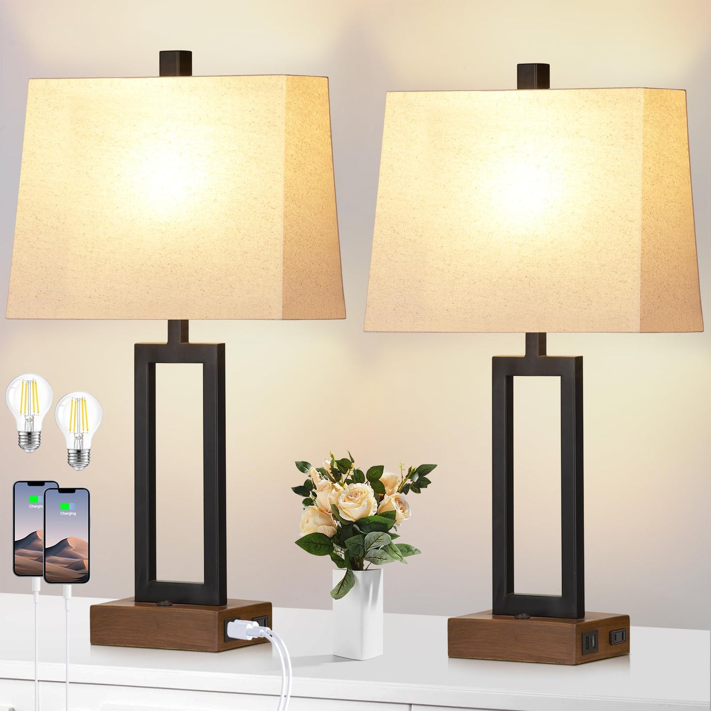 Table Lamp for Bedroom Set of 2 with 2 USB Ports and AC Power Outlet (2 Count)