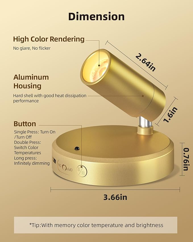 EZVALO LED Spotlight Indoor, 5500mAh Rechargeable Battery Picture Lights, Wireless Mini Art Accent Spot Lights with Remote, Uplighting Indoor for Plants Display Painting Artwork Portrait (1Pack-Gold) - Aura Lighting