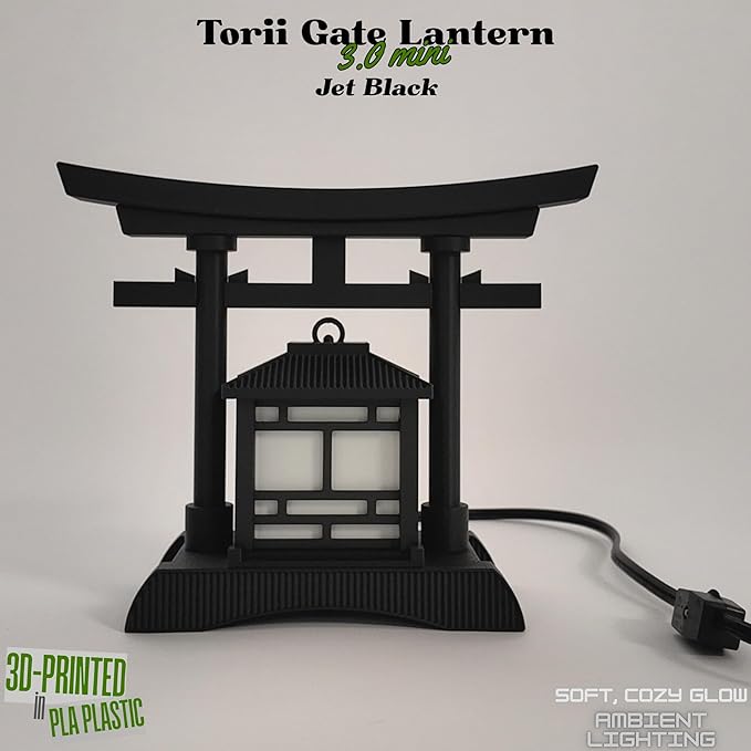 Japanese Torii Gate Lantern - Exquisite Japanese Decor for Home and Room | Desk Lamp Table Lamp Design | Mini Japanese Lantern Transforms Any Space | 3D-Printed | (Jet Black (New 3.0 Mini) - Corded)