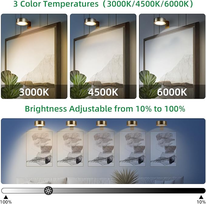 2 Pack Wireless Picture Lights for Wall,Rechargeable Picture Light Battery Operated with Remote,Dimmable Painting Light for Art Display,Battery Wall Lights for Dartboard Photo Frame Gallery.Gold