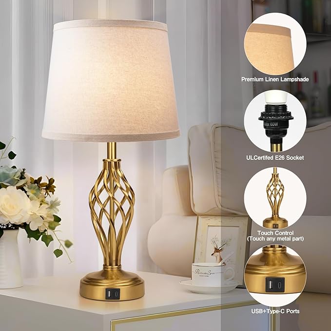 Touch Table Lamps Set of 2, nightstand lamp with USB Ports Bedside 3 Way Touch dimmer Desk lamp for Living Room Bedroom,Gold Plated Spiral cage Base Design Warm White dimmer Bulbs Included.