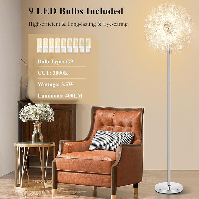 BesLowe 69'' Crystal Floor Lamp for Living Room, Modern Standing Lamp with 738PCS K9 Crystals, Tall Lamp Pole Light for Bedroom Office, Mid Century Silver Floor Lighting with 9 LED Bulbs, Chrome