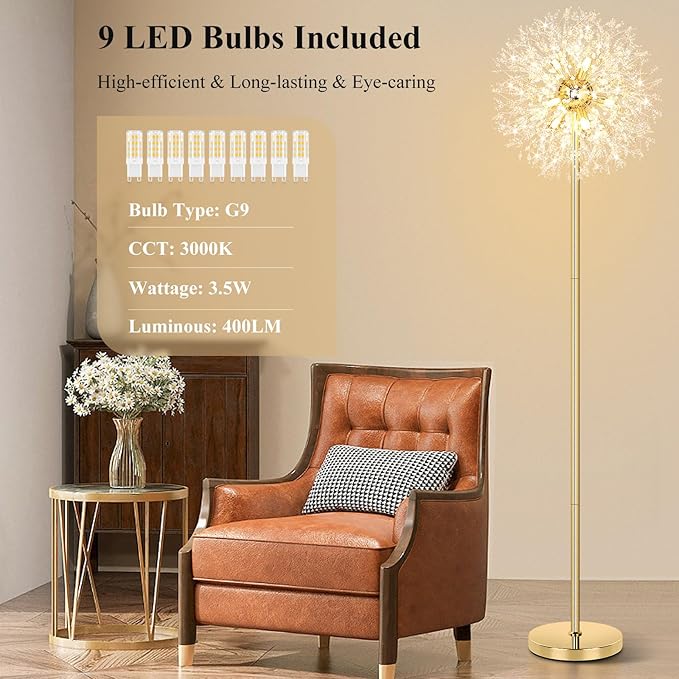 BesLowe 69'' Crystal Floor Lamp for Living Room, Modern Standing Lamp with 738PCS K9 Crystals, Tall Lamp Pole Light for Bedroom Office, Mid Century Gold Floor Lighting with 9 LED Bulbs, Antique Brass