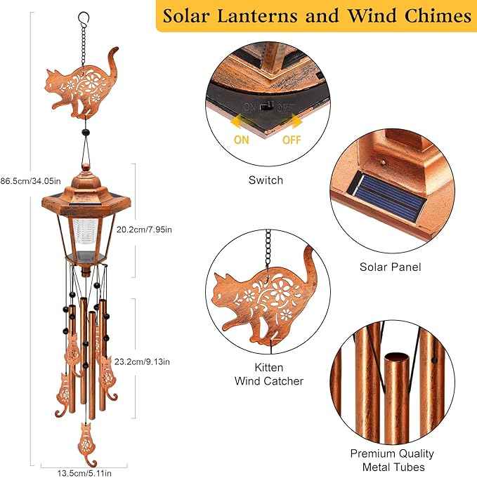 Large Solar Cat Wind Chimes, Gifts for Women Mom Grandma Wife Sister Daughter Neighbor Nana, Classic Bronze Wind Chimes With Wind Catcher, Solar Decor Lights For Outdoor Garden Patio Yard Porch Window