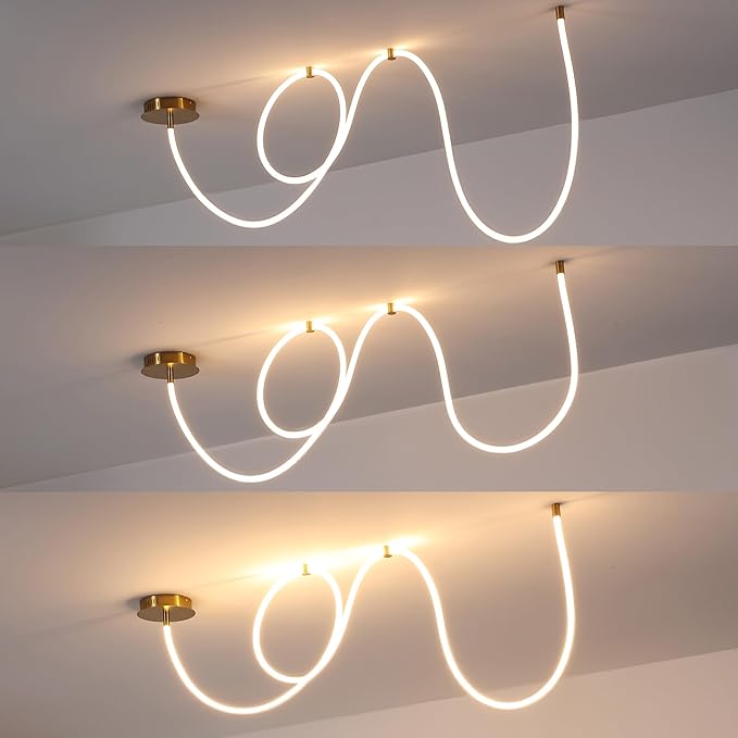 JONATHAN Y 55" Brass Gold Modern Minimalist Linear LED Flush Mount Light, 360° Adjustable Silicone Neon Rope, Dimmable Lamp for Bedroom, Living Room, Home Office (JYL7142A)