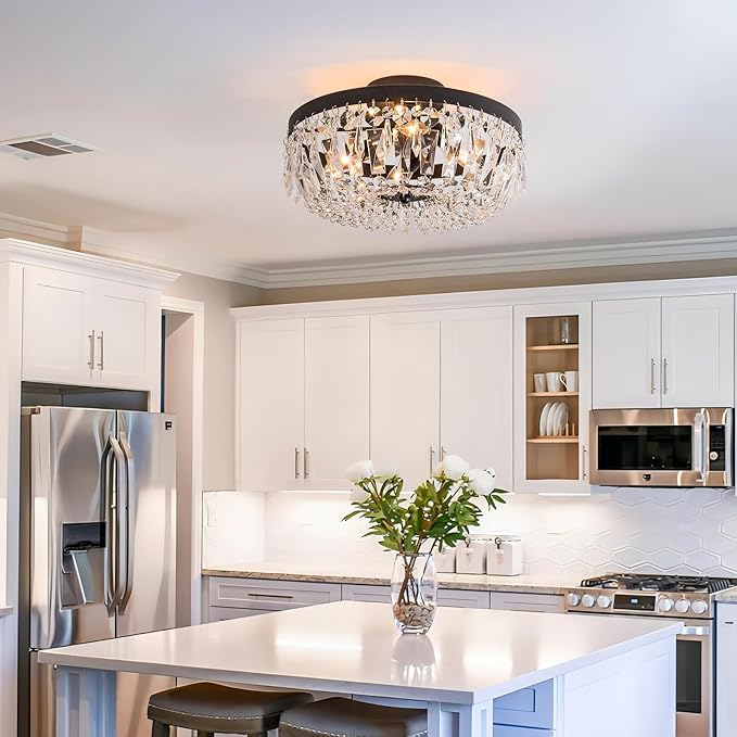 Veronie Crystal Black Ceiling Light, 3-Lights Modern Semi Flush Mount Ceiling Lighting Fixture, Round Hallway Lighting Fixtures for Kitchen Entryway Bedroom Laundry Room