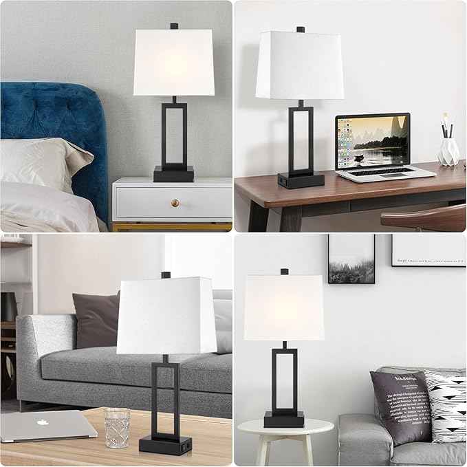 23.5" Touch Control Table Lamps Set of 2, Bedside Lamp with 2 USB Ports & AC Outlet, 3-Way Dimmable Nightstand Lamp with White Linen Shade for Living Room Bedroom End Table Office(2 LED Bulb Included)