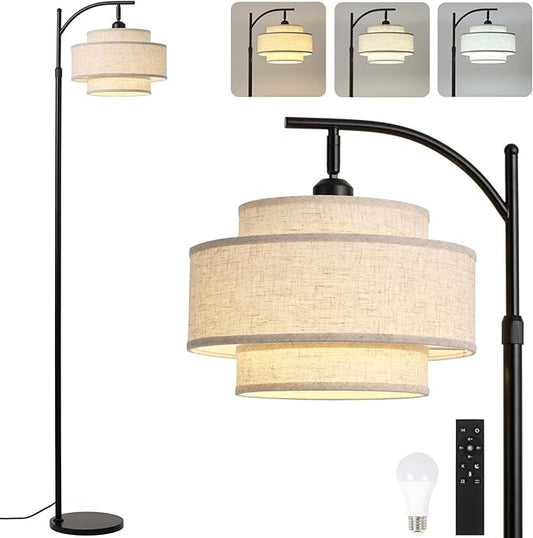 Arc Fabric Tall Floor Lamp with 3-Color Temperatures Remote & Dimmable 9W Bulb, Dimmable Floor Lamp with Remote Control, Standing Lamp with Fabric Shade for Living Room Bedroom Stair(3-Tier)
