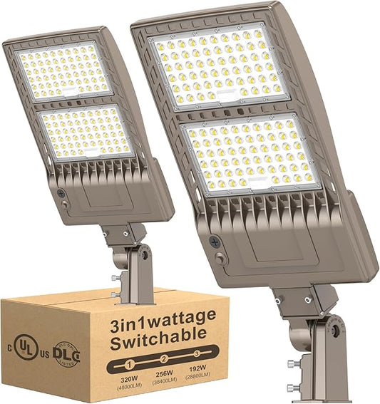 2 Pack 480V LED Parking Lot Light 320W 48,000LM UL DLC Listed 5000K LED Shoebox Street Pole Light Flood Light with Slip Fitter IP65 Waterproof Commercial Outdoor Area Lighting 277-480VAC